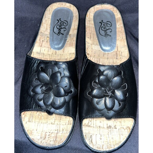 Pure Sole Slip On Sandals black leather with flower accent on the top Women Sz 8 - Picture 1 of 14